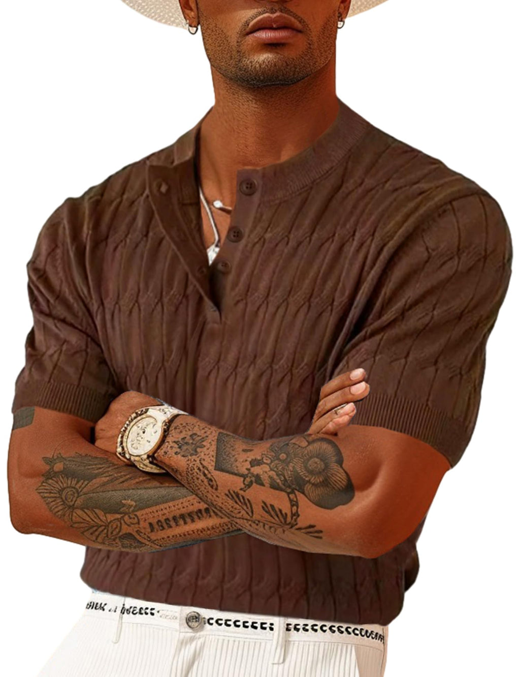 Mens Knitted Henley Shirts Casual short Sleeve Slim Fit Lightweight Ribbed Pullover Sweater Mens Golf Shirts Collarless Henley Blade Athletic Casual Lightweight Fitted Polo T Shirts dress t shirts - countrycottagebarn