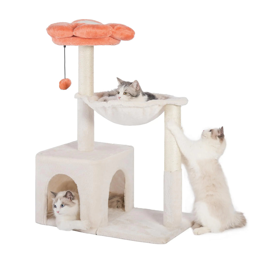 Pawfessor Flower Cat Tree 4 in 1 Cat Scratching Post for Indoor Cats 34" Small Cat Tower for Large Cats with Cat Scratch Posts15.7”Large Hammock Removable Perch and Wide Condo for Indoor Cats - Beige - countrycottagebarn