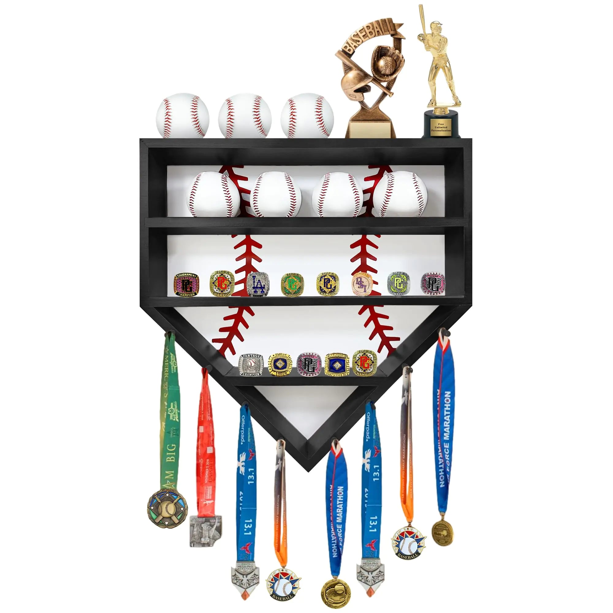Montex Baseball Display Case Baseball Holder Display Case Wooden Baseball Ring Holder Wall Mount Baseball Display Cases for Balls Medals and Name Tags Black - countrycottagebarn