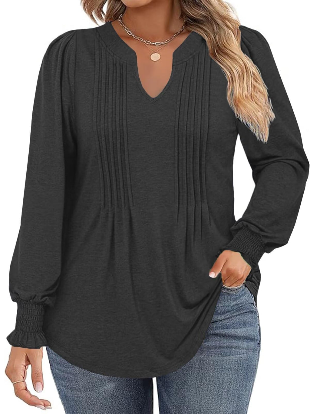 Plus Size Tops for Women Fashion Puff Sleeve Flowy Shirts Trendy Pleated Plain Tees Black 2XL - countrycottagebarn
