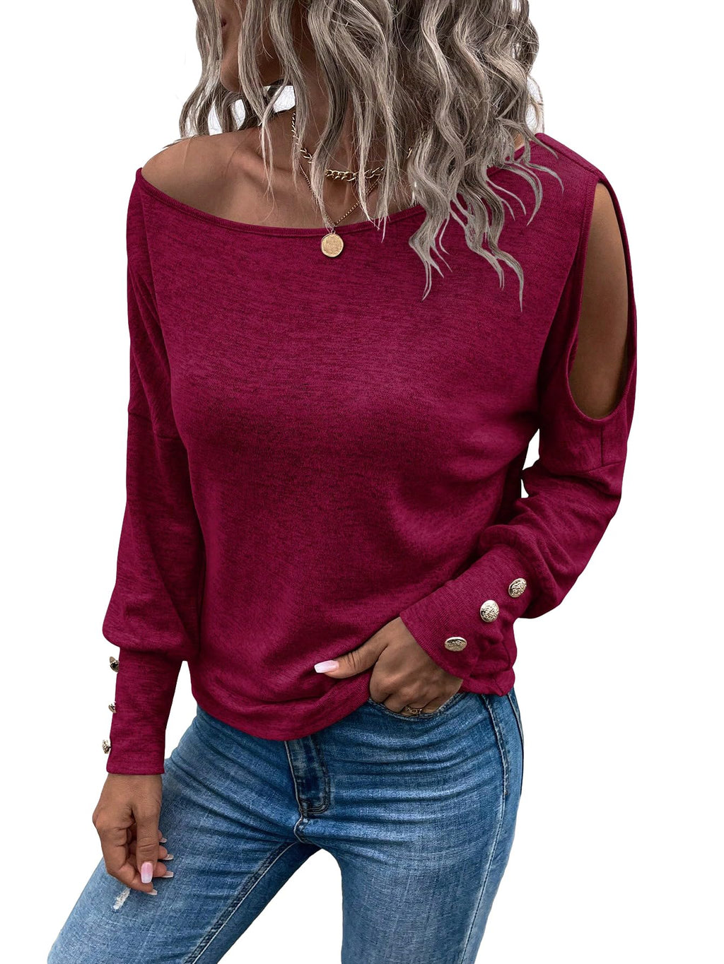 SweatyRocks Womens Cut Out Lantern Long Sleeve Tee Top Off Shoulder Plain Casual Holiday Spring Autumn Shirts Pink XS - countrycottagebarn