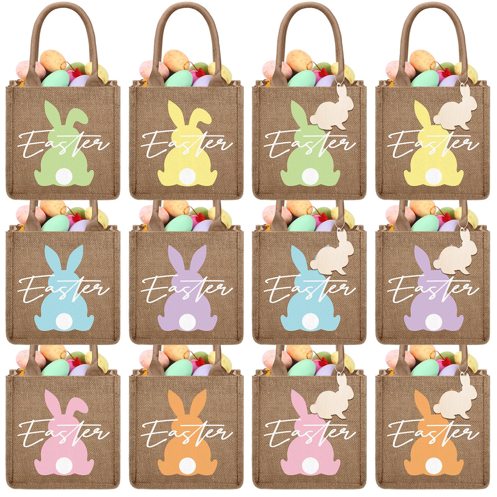 Huhumy 12 Pack Easter Burlap Bags with Tags Easter Goodie Treat Bags for Kids Easter Favor Bunny Eggs Easter Gift Bags(Easter) - countrycottagebarn